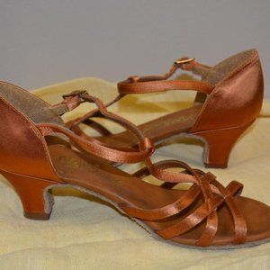 Vintage DANSPORT England Peachy Rust Satin Sandals Ballroom Wedding Shoes Sz 5